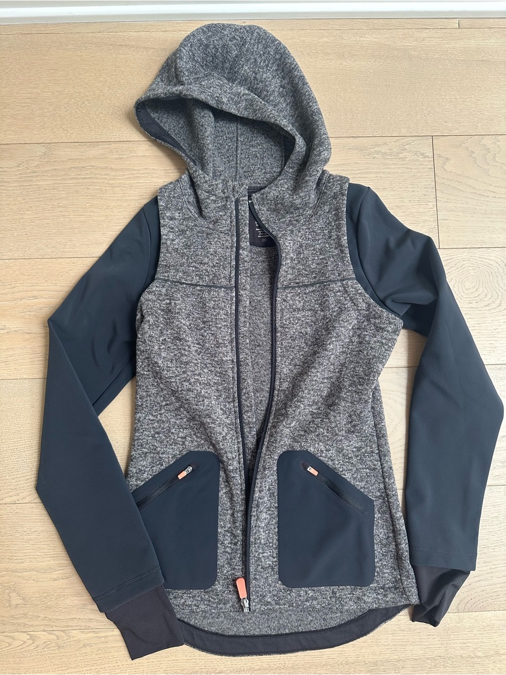Sweaty Betty Gray Hooded Knit-Front Utility Jacket with Dark Sleeves